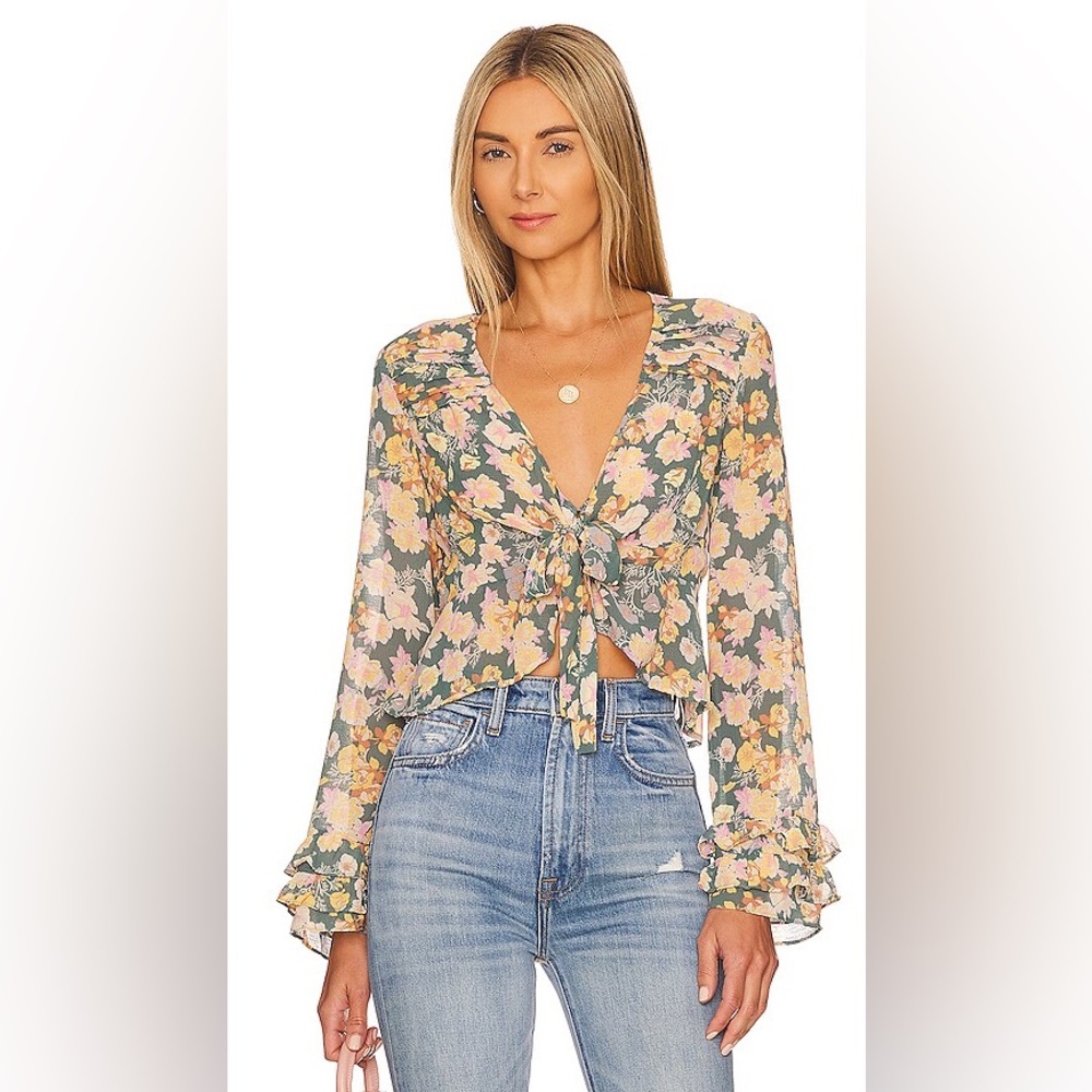 Free People Sheer Floral Tie-Front Blouse in Sage Green and Peach
